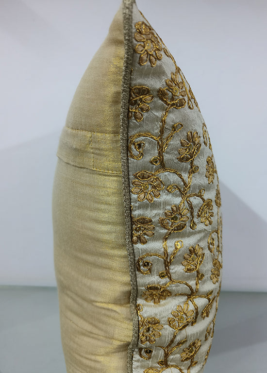 Floral Golden Handmade Aari Embroidery With Sequence Work Cushion Cover.