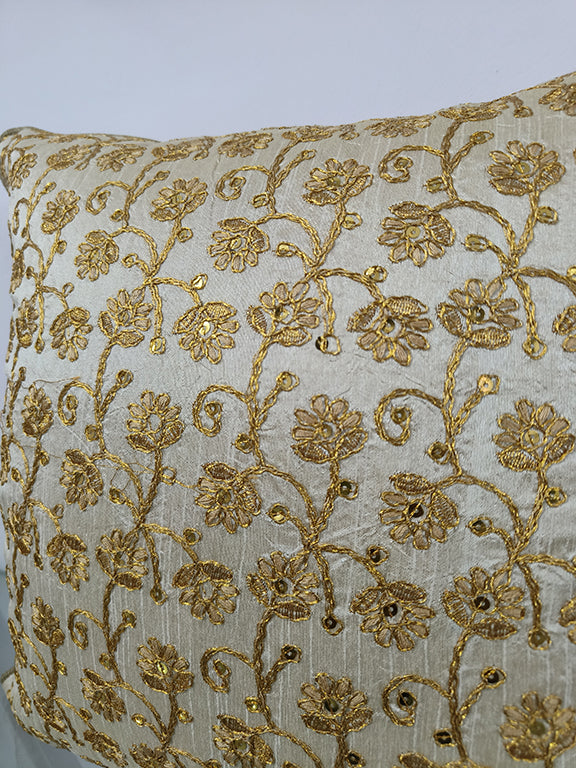Floral Golden Handmade Aari Embroidery With Sequence Work Cushion Cover.