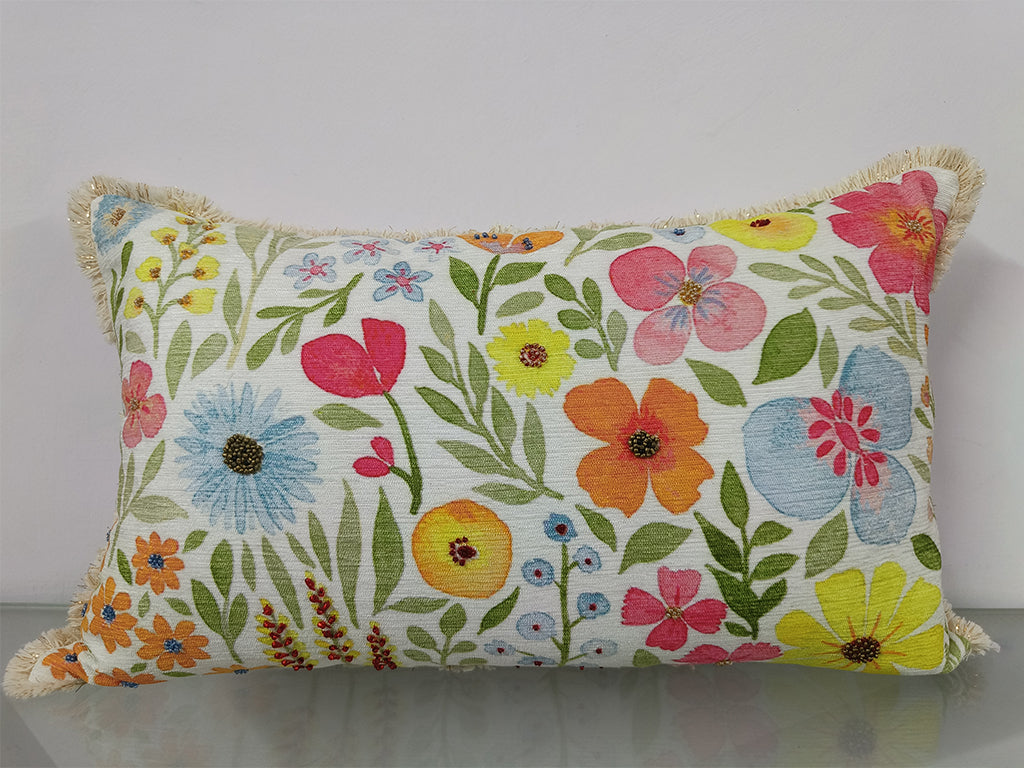 Handmade Floral Design Digital Printed Cushion Cover With Bead Work.