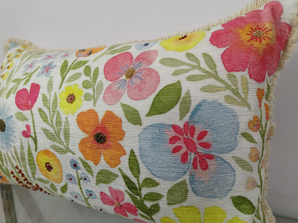Handmade Floral Design Digital Printed Cushion Cover With Bead Work.