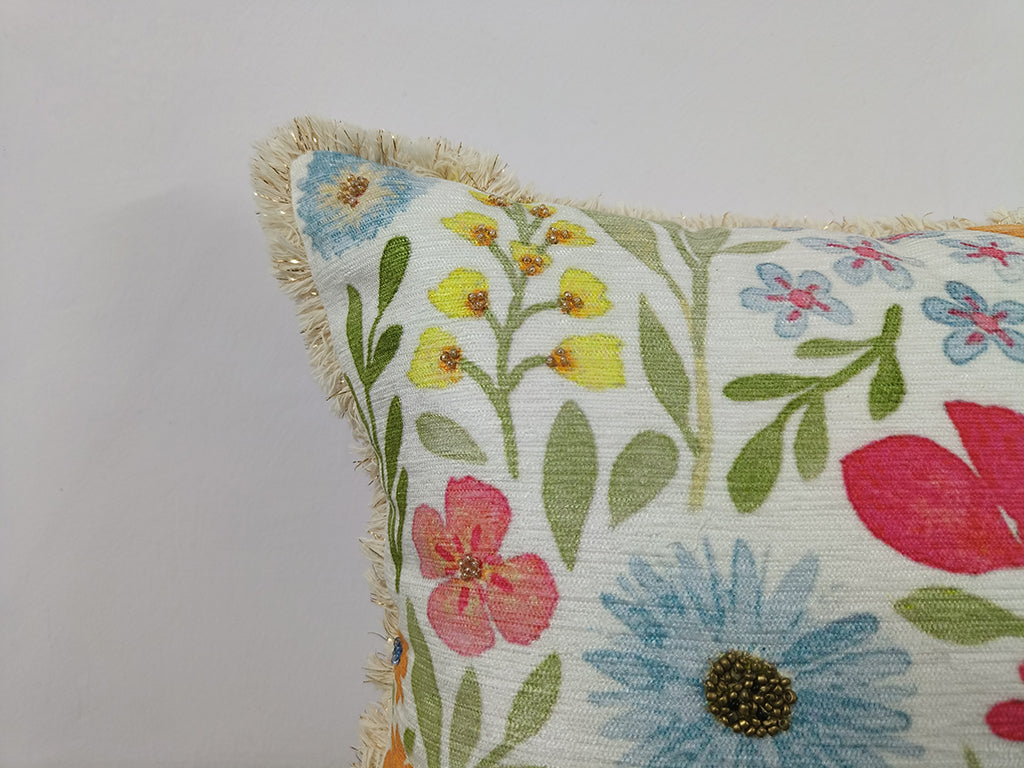 Handmade Floral Design Digital Printed Cushion Cover With Bead Work.