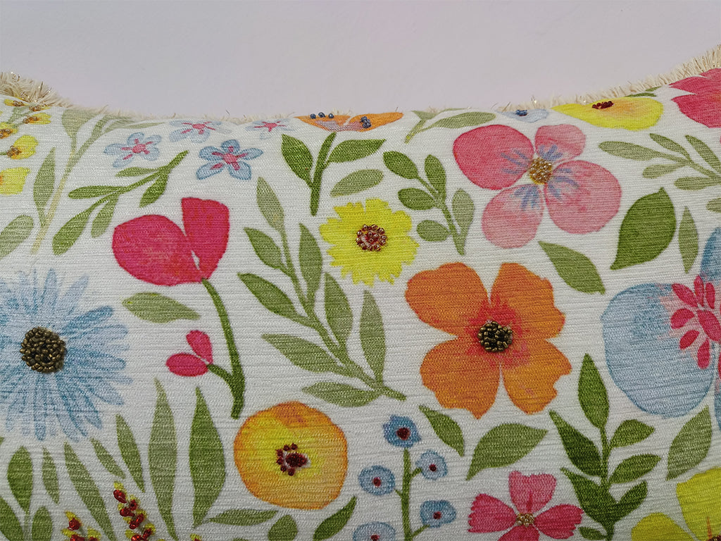 Handmade Floral Design Digital Printed Cushion Cover With Bead Work.