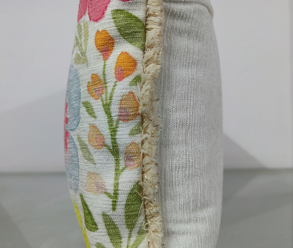 Handmade Floral Design Digital Printed Cushion Cover With Bead Work.