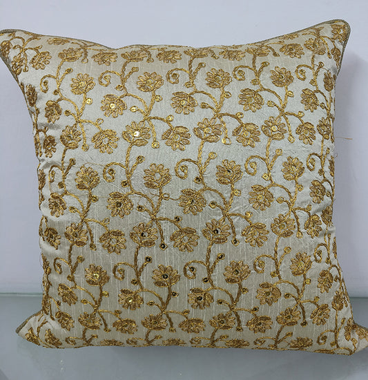 Floral Golden Handmade Aari Embroidery With Sequence Work Cushion Cover.