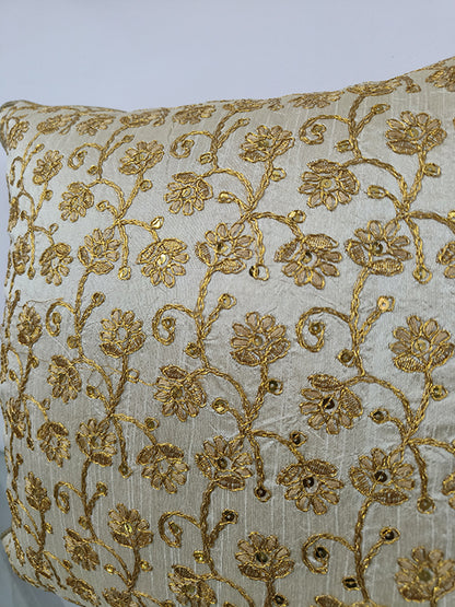 Floral Golden Handmade Aari Embroidery With Sequence Work Cushion Cover.