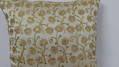 Floral Golden Handmade Aari Embroidery With Sequence Work Cushion Cover.